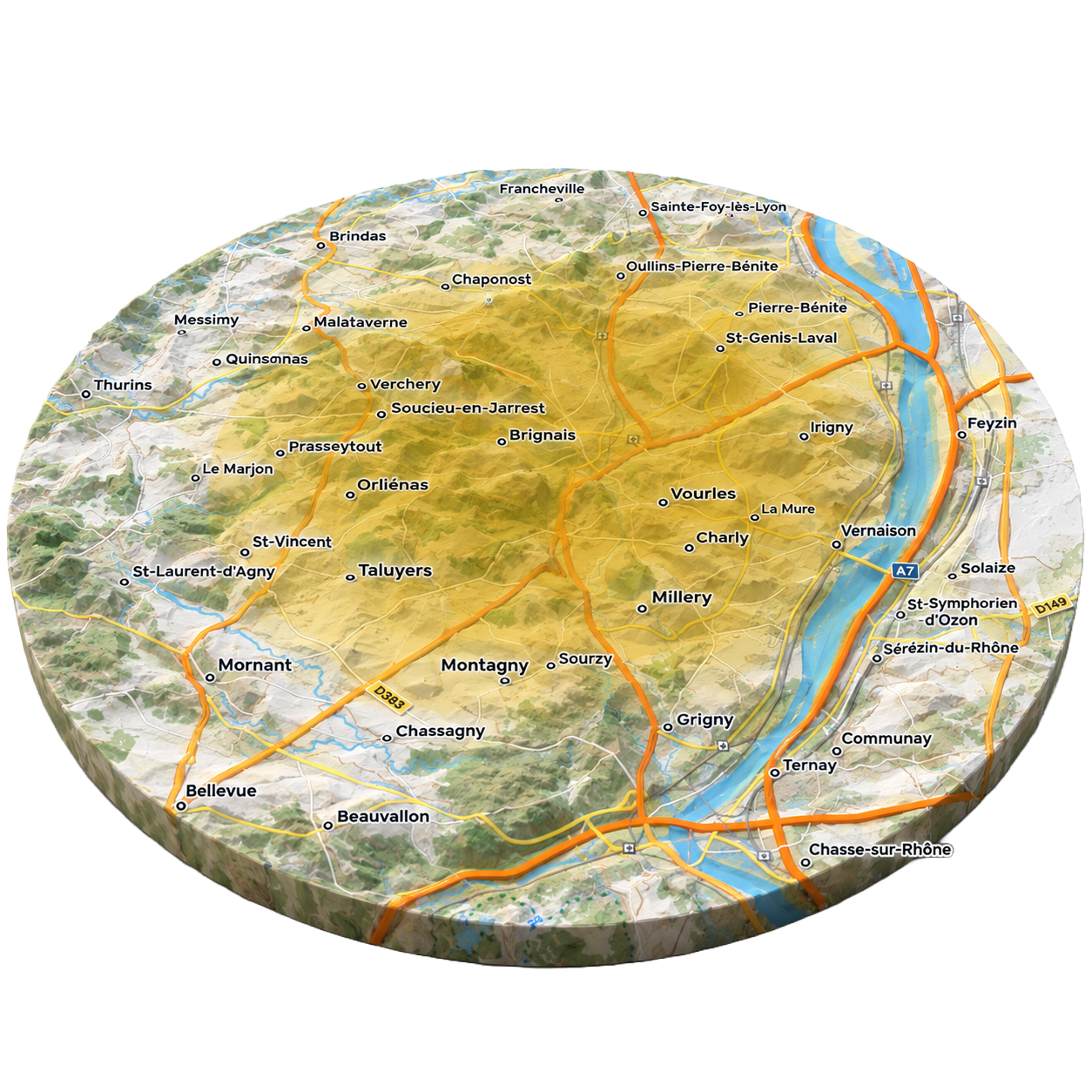 Carte de Brignais et de ses environs, au sud-ouest de Lyon